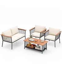 Gymax Set of 4 Furniture Set w/2-Tier Coffee Table Acacia Wood Armrests Tabletop
