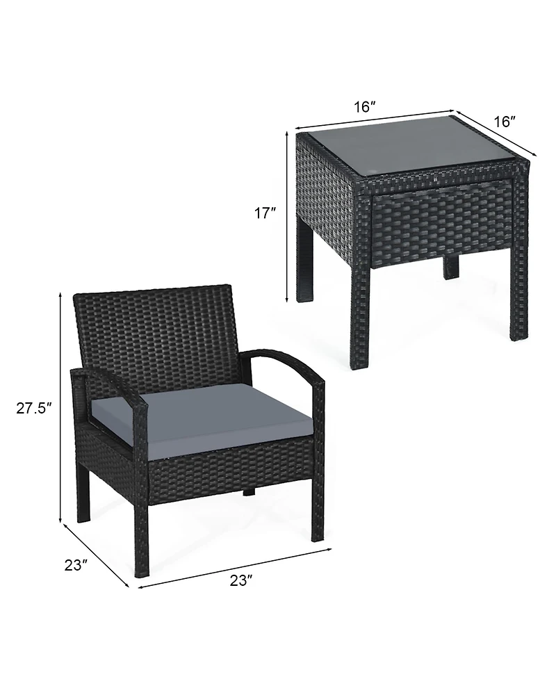 Gymax 3 Piece Outdoor Patio Rattan Conversation Furniture Set Yard w/ Cushions & Coffee Table