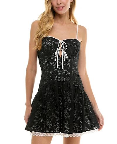 Juniors' Lace Sweetheart-Neck Fit & Flare Mini Dress