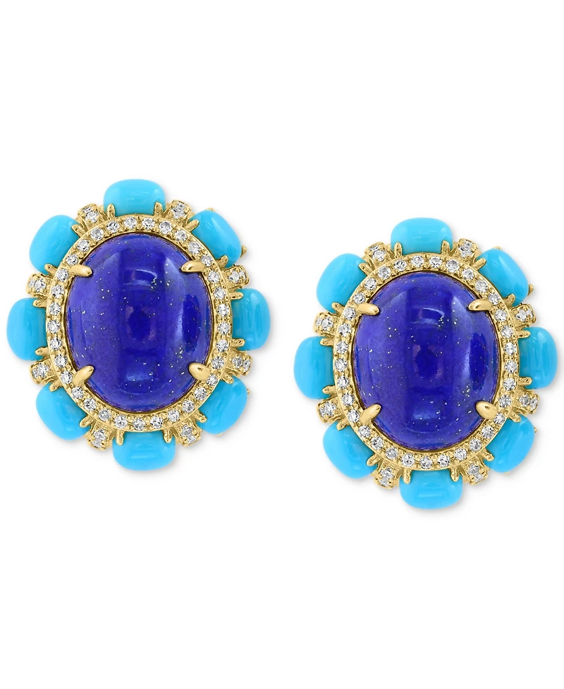 Effy Lapis Lazuli, Sleeping Beauty Turquoise & Diamond (1/4 ct. t.w.) Halo Stud Earrings in 14k Gold
