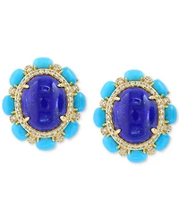 Effy Lapis Lazuli, Sleeping Beauty Turquoise & Diamond (1/4 ct. t.w.) Halo Stud Earrings in 14k Gold