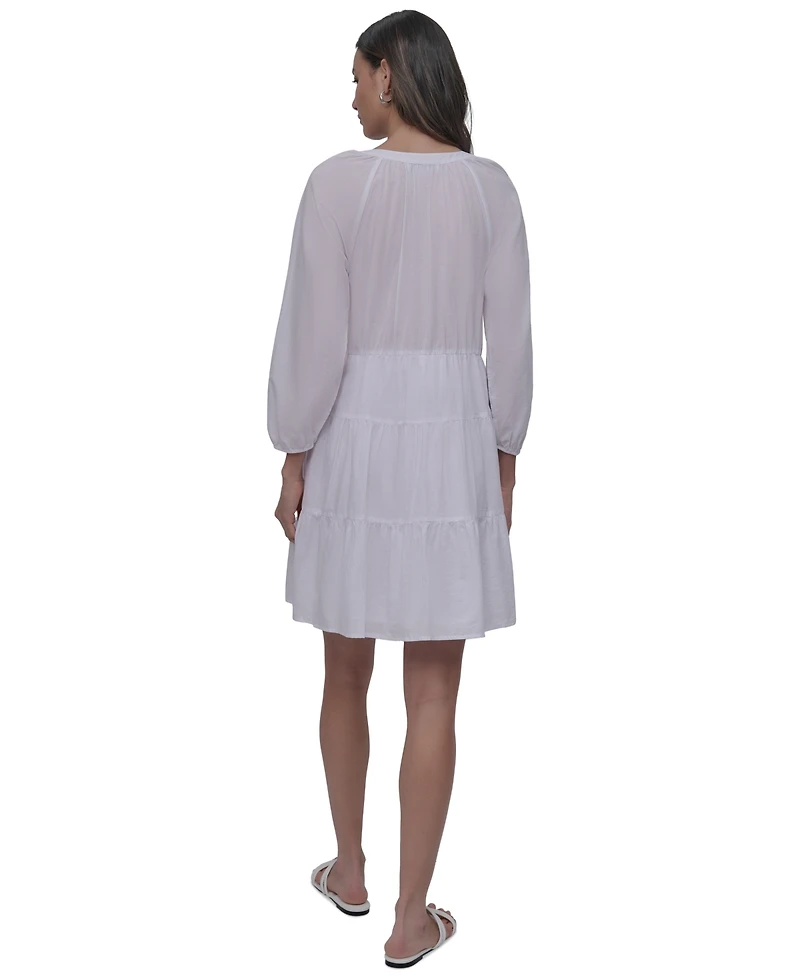 Dkny Jeans Women's Cotton Split-Neck Tiered Dress - WHT