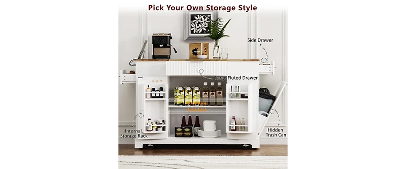 White Mdf Wood Kitchen Cart with Single Door Cabinet and Four Casters