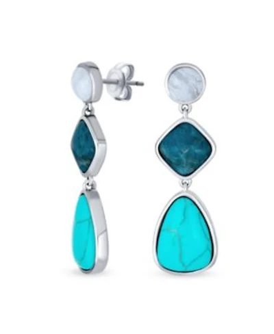 Bling Jewelry Boho Geometric Dangle Earrings Pink Quartz Blue Turquoise Silver Plated