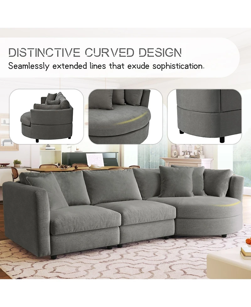 Three Indoor Cushioned Combination Sofas with Pillows and Curved Seat, for Living Room, Study Apartment