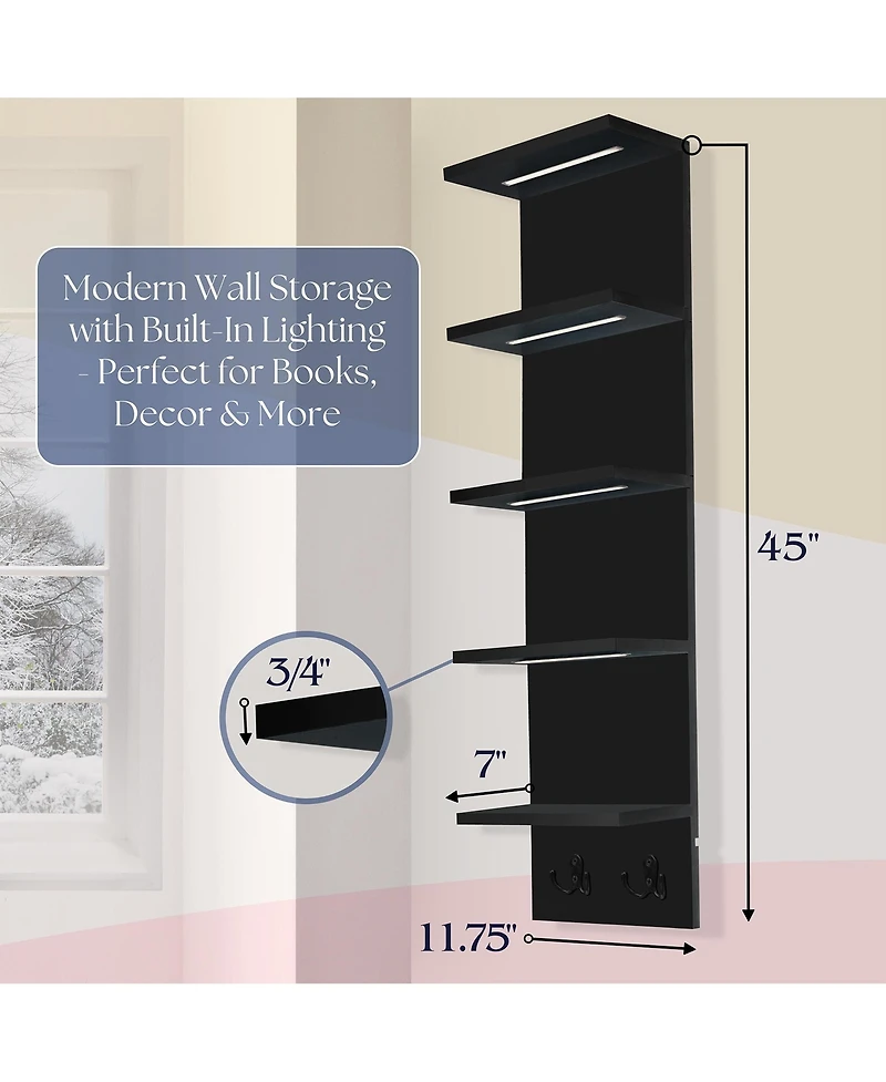 Sorbus 5 Tier Wall Mounted Floating Shelf Unit with Led Lights - Home Decor and Storage Organizer