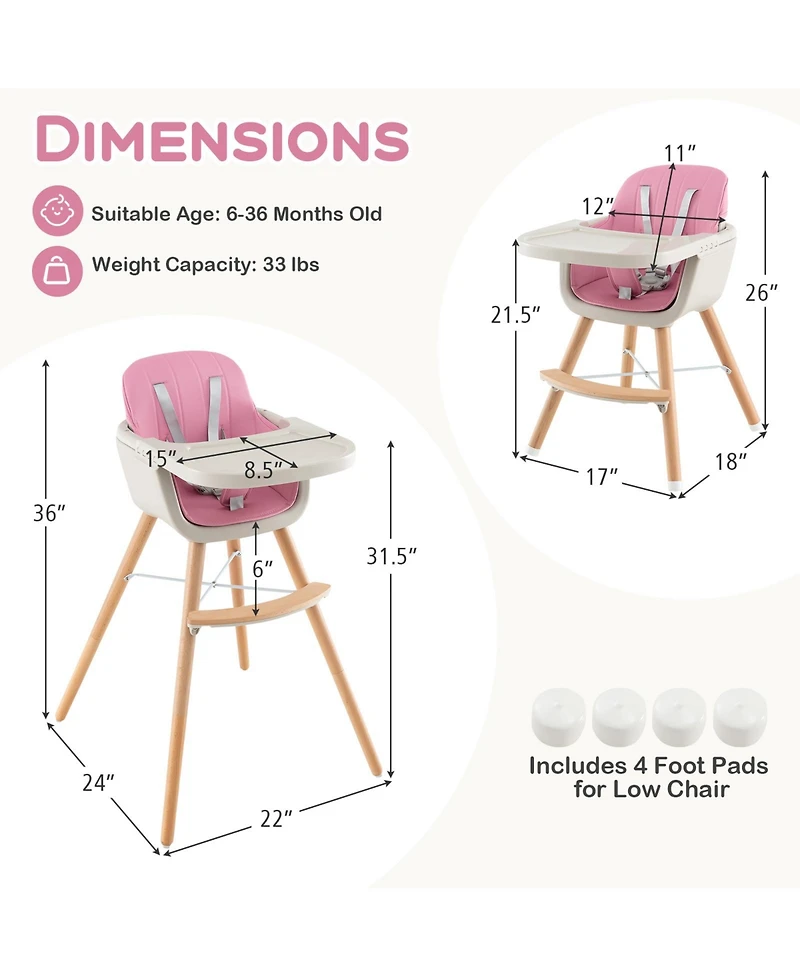 Gouun 3-in-1 Convertible Wooden High Chair with Cushion
