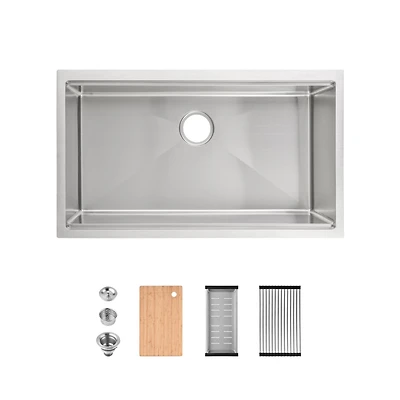 Stainless Steel Kitchen Sink, 33″x19″ Single Bowl, Undermount Handmade Sink in Dark Gray, with Cutting Board, Colander