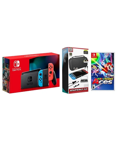 Nintendo Switch 32GB Console Neon Red/Blue Joy-Con Bundle with Surge 11-In-1 Accessory Starter Pack and Mario Tennis Aces
