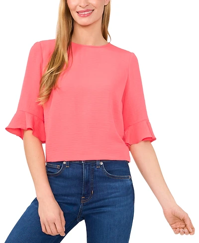 CeCe Women's Textured Ruffled-Cuff 3/4-Sleeve Crew Neck Blouse