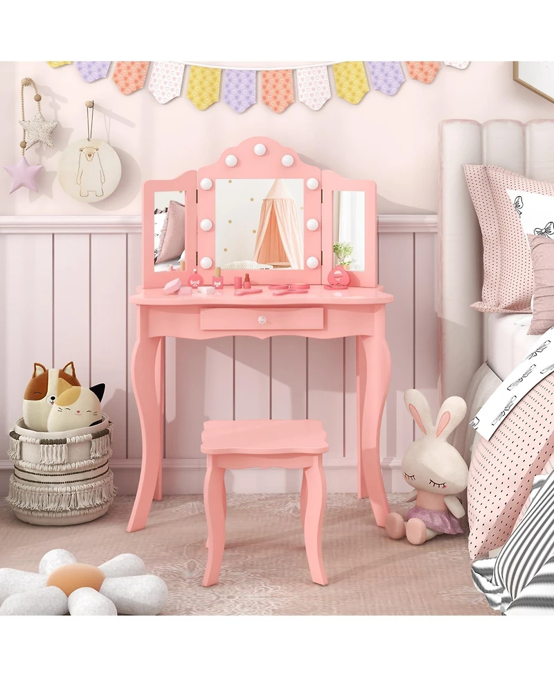 Kid Vanity Table Stool Set with Tri-Folding Mirror and 3-Color Led Lights