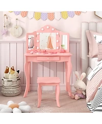 Kid Vanity Table Stool Set with Tri-Folding Mirror and 3-Color Led Lights