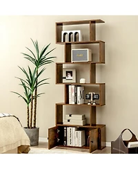6-Tier S-Shaped Freestanding Bookshelf with Cabinet and Doors