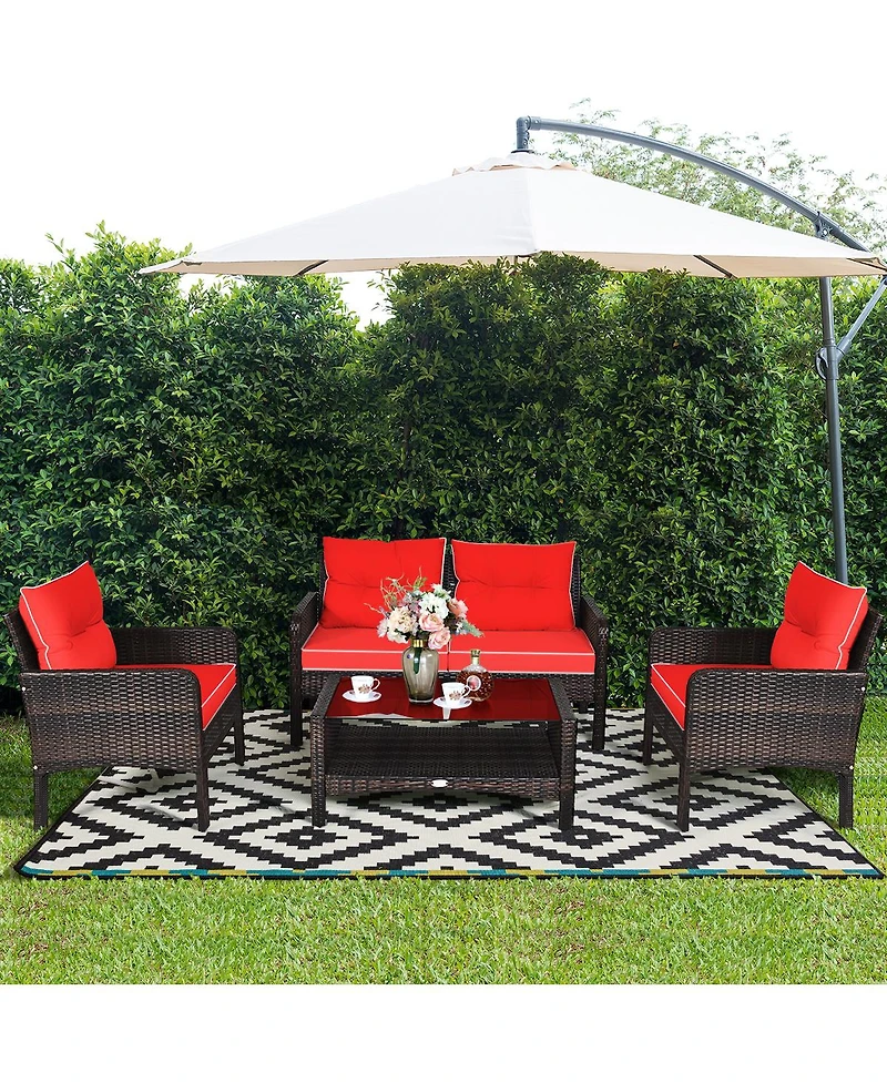 Costway 4PCS Patio Rattan Furniture Set Loveseat Sofa Coffee Table Garden W/Red Cushion