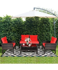 Costway 4PCS Patio Rattan Furniture Set Loveseat Sofa Coffee Table Garden W/Red Cushion
