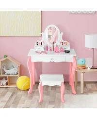 Kids Vanity Princess Makeup Dressing Table Stool Set with Mirror and Drawer