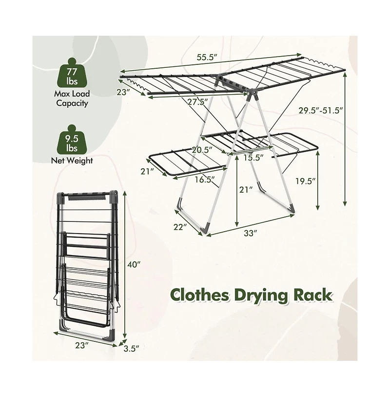 2-Tier Clothes Drying Rack with 33 Drying Rails and Height Adjustable Gullwings