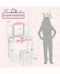 Kids Princess Vanity Table and Stool Set with Tri-folding Mirror and Drawer