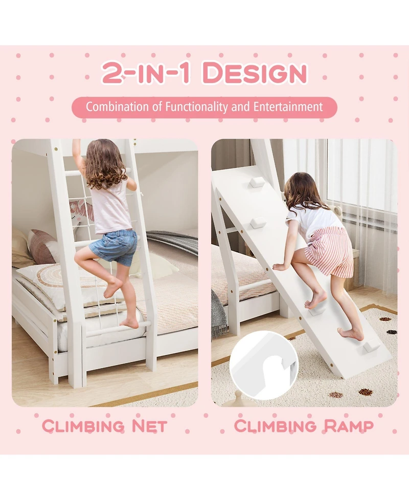 Twin Over Queen Bunk Bed Wooden Kids Bed with Climbing Nets and Ramp