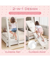 Twin Over Queen Bunk Bed Wooden Kids Bed with Climbing Nets and Ramp