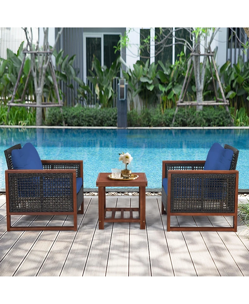 Gymax 3 Piece Outdoor Furniture Set Rattan Wicker Patio Conversation Set w/ Cushion