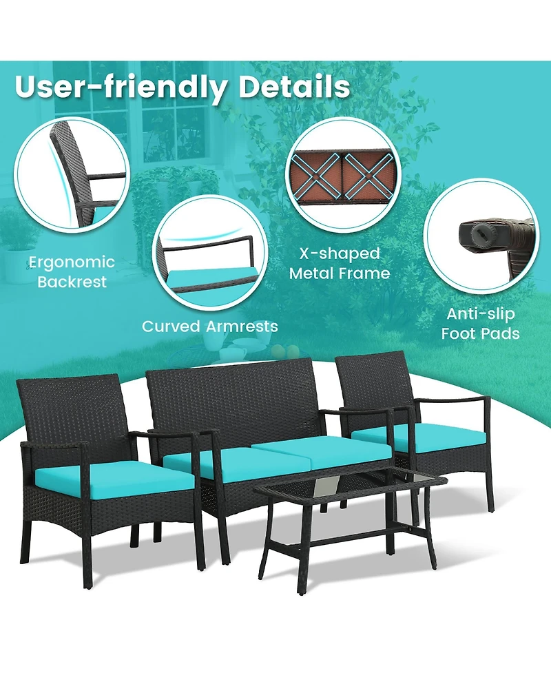 Gymax Piece Outdoor Pe Wicker Furniture Conversation Set Patio Rattan w/ Table Sofa Chair
