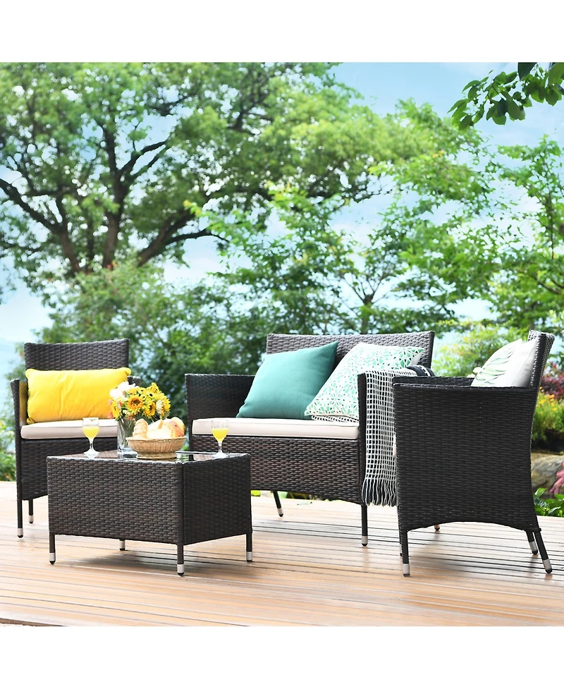 Gymax Set of 4 Outdoor Patio Rattan Conversation Furniture Set w/ Cushion Table