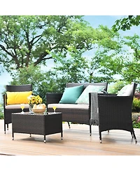 Gymax Set of 4 Outdoor Patio Rattan Conversation Furniture Set w/ Cushion Table
