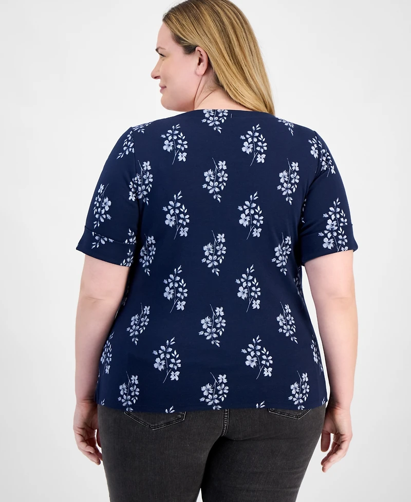 Style & Co Plus Printed Elbow-Sleeve Top, Exclusively at Macy's