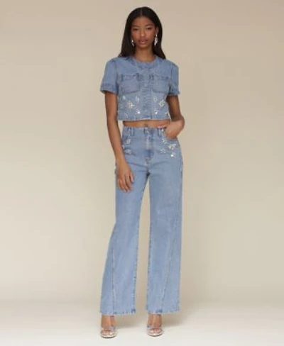 Avec Les Filles Womens Rhinestone Trim Short Sleeve Denim Top Rhinestone Trim Hollywood Waist Wide Leg Jeans