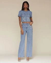 Avec Les Filles Womens Rhinestone Trim Short Sleeve Denim Top Rhinestone Trim Hollywood Waist Wide Leg Jeans