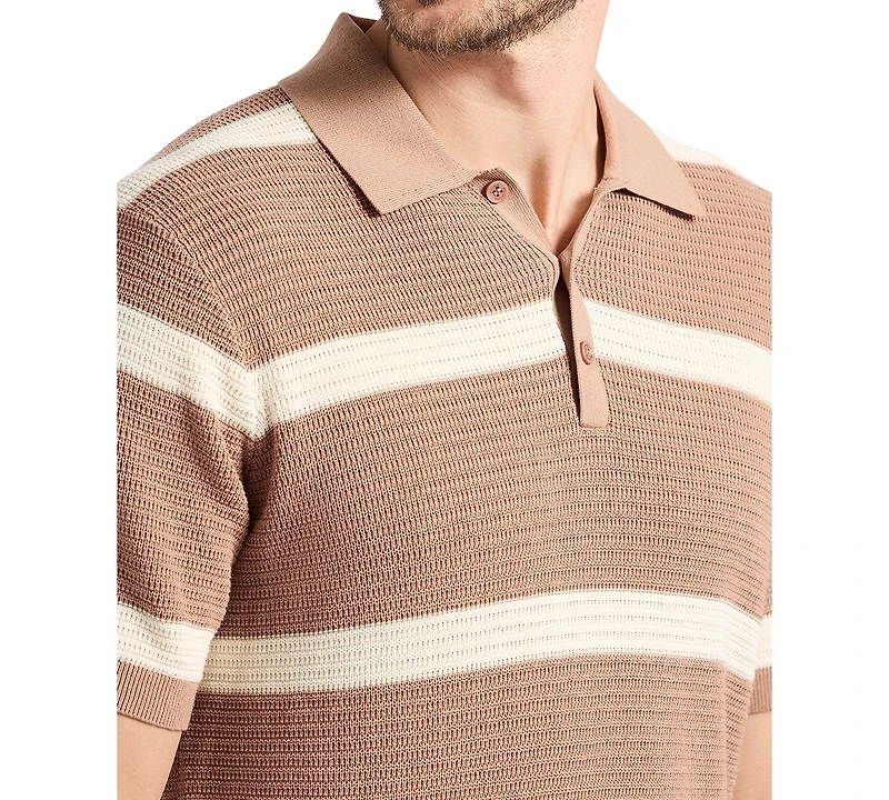 Men's Winder Short Sleeve Textured Striped Polo Sweater