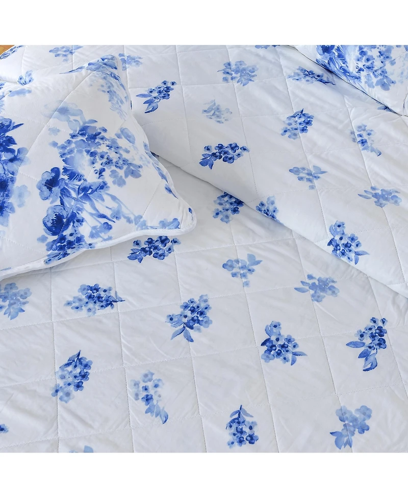 Linery & Co. Blue Watercolor Florals Microfiber Quilt Set With Shams