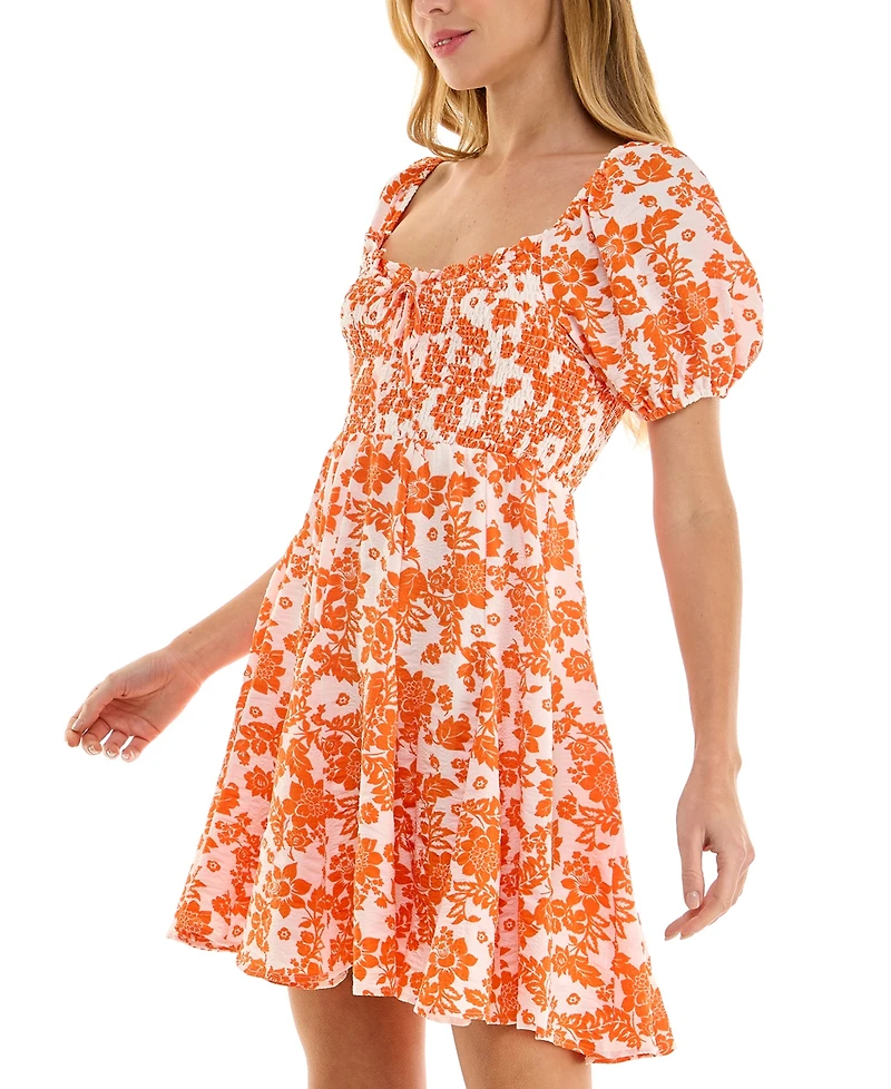 Crystal Doll Juniors' Smocked Short-Sleeve Babydoll Dress