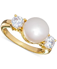 Cultured Freshwater Pearl (10mm) & Cubic Zirconia Ring in 18k Gold-Plated Sterling Silver