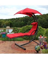 Outdoor Hanging Chaise Floating Lounge Chair with Canopy Umbrella and Arc Stand