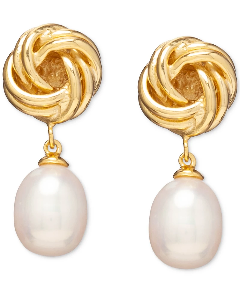 Baroque Cultured Freshwater Pearl (8x10mm) Knot Drop Earrings in 18k Gold-Plated Sterling Silver