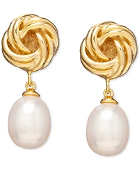 Baroque Cultured Freshwater Pearl (8x10mm) Knot Drop Earrings in 18k Gold-Plated Sterling Silver