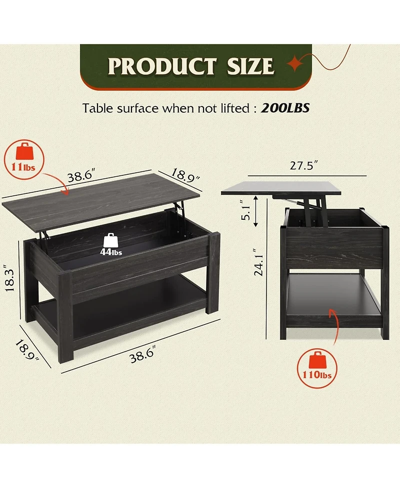 Wlive Modern Lift Top Coffee Table,Rustic Coffee Table with Storage Shelf and Hidden Compartment,Wood Lift Tabletop for Home Living Room,Black.