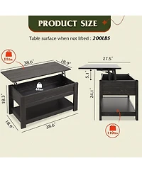 Wlive Modern Lift Top Coffee Table,Rustic Coffee Table with Storage Shelf and Hidden Compartment,Wood Lift Tabletop for Home Living Room,Black.