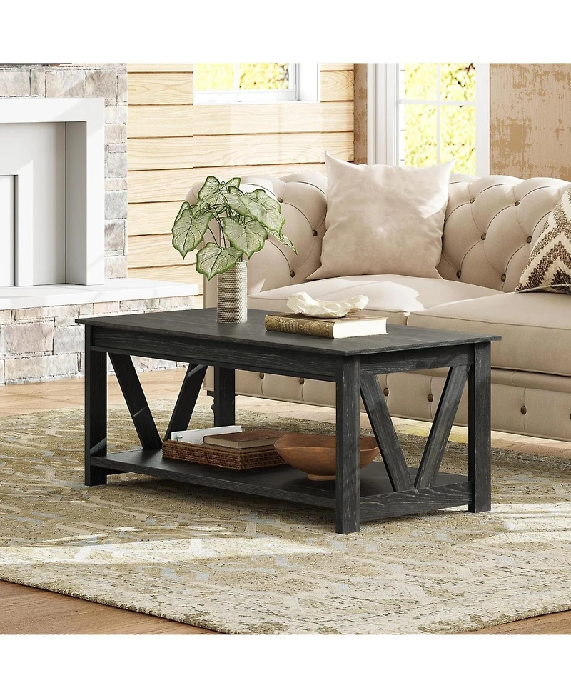Wlive Farmhouse Coffee Table,Living Room Table with Storage,43 in Wood Center Table with V-Shaped Frame for Home Office,Apartment,Charcoal Black