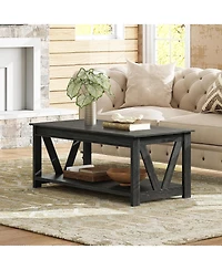 Wlive Farmhouse Coffee Table,Living Room Table with Storage,43 in Wood Center Table with V-Shaped Frame for Home Office,Apartment,Charcoal Black