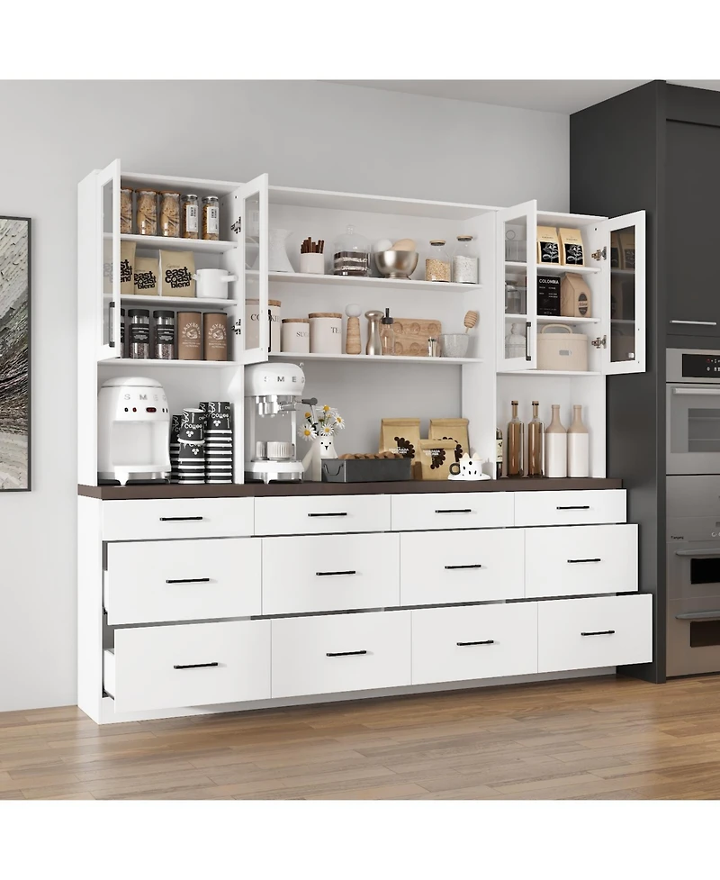 Famapy Grey Kitchen Cabinet with Glass Doors with 12 Drawers, Pantry Storage Cabinet with Shelves