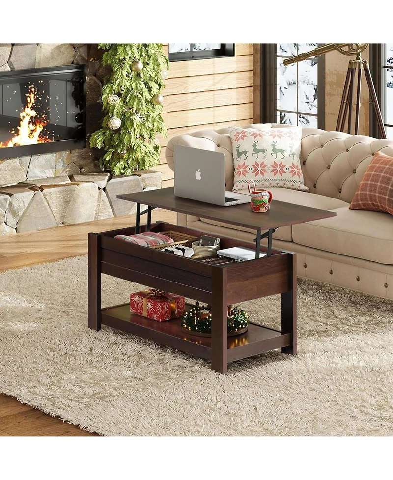 Wlive Modern Lift Top Coffee Table,Rustic Coffee Table with Storage Shelf and Hidden Compartment,Wood Lift Tabletop for Home Living Room,Brown Oak.