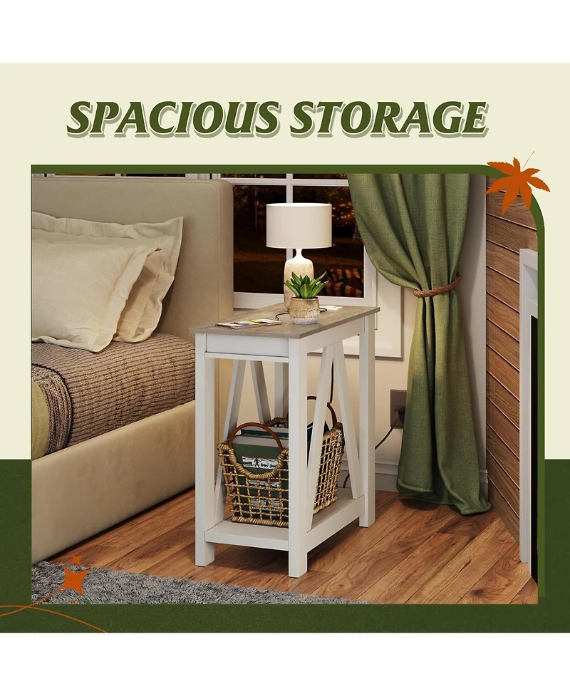 Wlive Narrow End Table with Charging Station of Open Storage Shelf，Sofa Side Table with 2 Usb and 2 Power Outlets，Slim Farmhouse End Tab