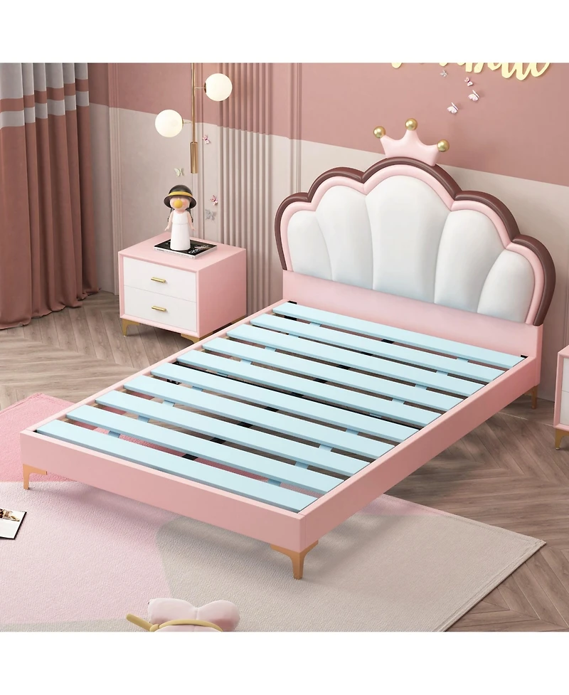Queen Size Platform Bed Frame with Crown Shaped Headboard, Large Full Children's Bed Frame, Single Double Bed with Pu Leather Headboard