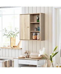 LuxenHome Natural Finish Wave-Patterned Manufactured Wood 1-Door Bathroom Wall Cabinet