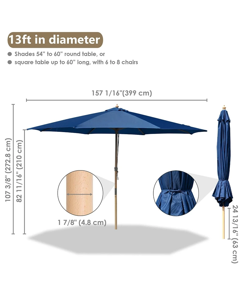 Yescom 13FT Large Outdoor Patio Umbrella UV30+ Wood 8 Rib Pole for Table Beach Yard Garden Wedding Deck Cafe Pool Navy