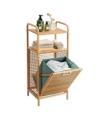 Tilt-out Bamboo Laundry Hamper with 2-Tier Shelf and Removable Liner