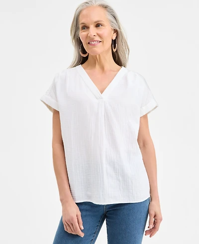 Style & Co Women's Cotton Gauze V-Neck Short-Sleeve Top, Exclusively at Macy's